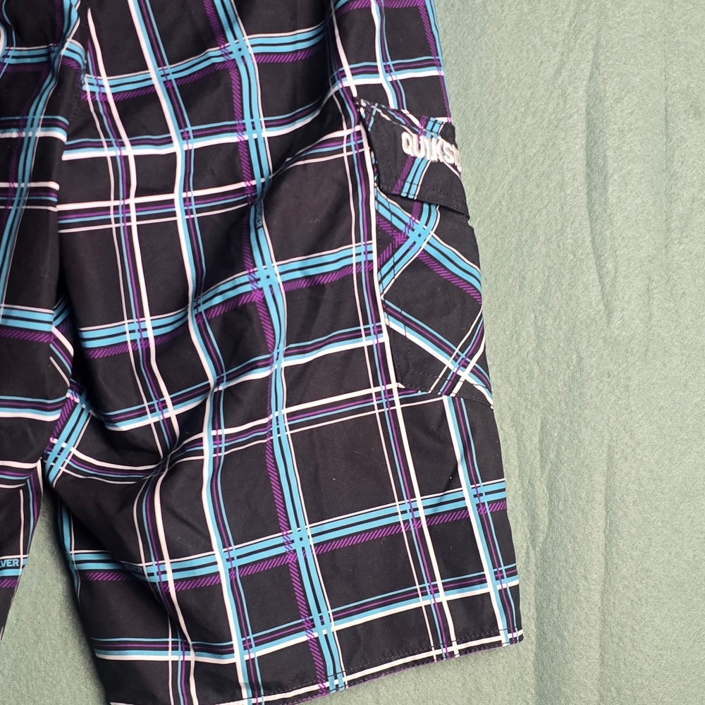 Quiksilver Boys Plaid Board Shorts Black Teal Purple Swim Trunks Size 10 NEW‎ - Picture 12 of 14